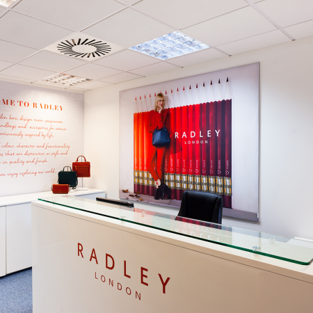Radley Head Office shades of red wall graphic