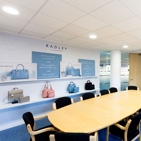 Radley Head Office meeting room with wall graphic and bags