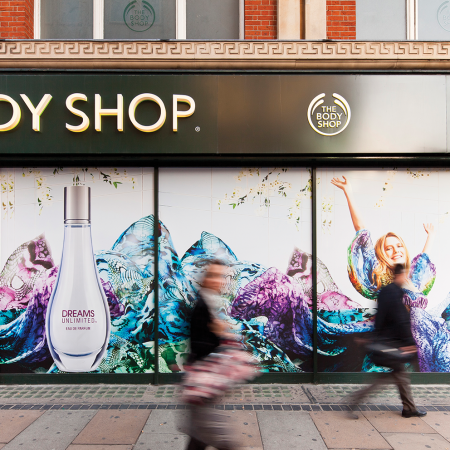 The Body Shop Window display, perfume graphic