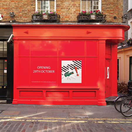 Lacoste Window Display, red hoarding with crocodile logo