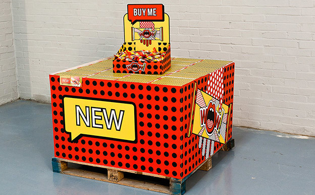 Custom Packaging, brightly coloured, red, yellow and black spots