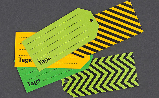 Tags, green and yellow