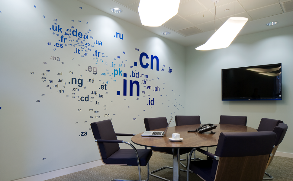 Printed graphics on a white wall in a meeting room