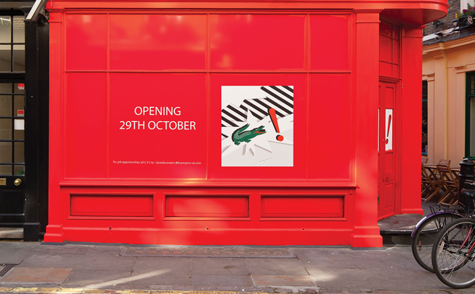 Lacoste Window Display, red hoarding with crocodile logo