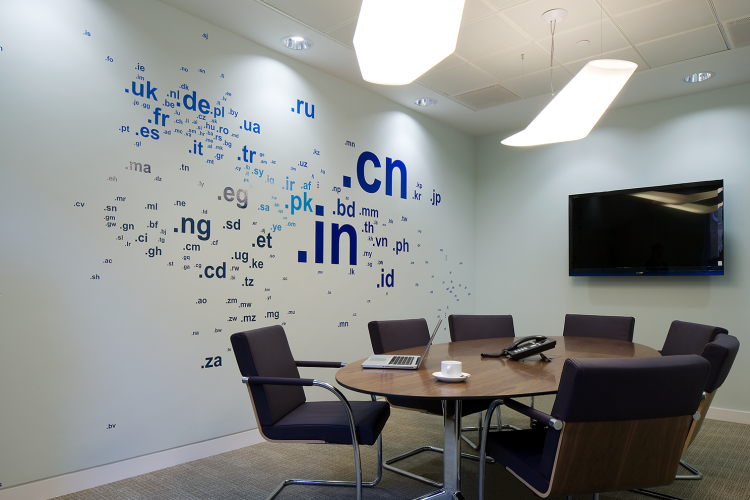 Printed graphics on a white wall in a meeting room